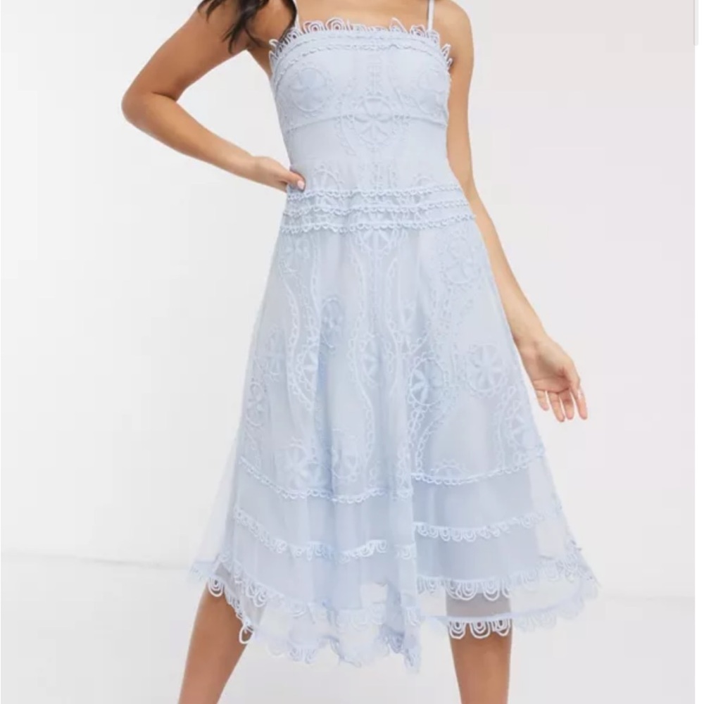 Love Triangle bandeau skater midi dress with scallop trim and lace detail